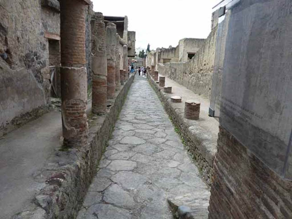 V.9 on left, with Ins. VI on upper right, Herculaneum. May 2010.
V.9, the rear doorway of V.10, can be seen on the left. 
Looking south along Cardo IV Superiore, from junction with Decumanus Maximus. 
On the right can be seen the graffiti painted on the water tower.
201005%20Card%2006%20692